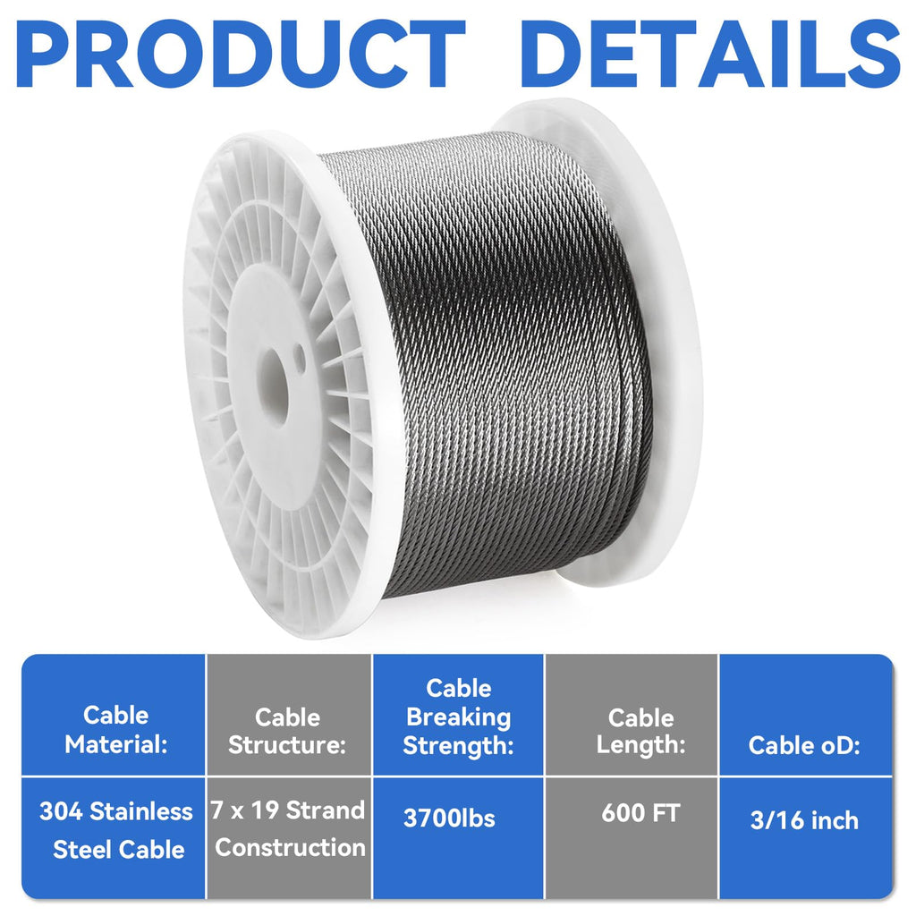3/16 Stainless Steel Cable Decking Cable Railing 7 x 19 Strand Construction 304 Stainless Steel Cable 3700lbs