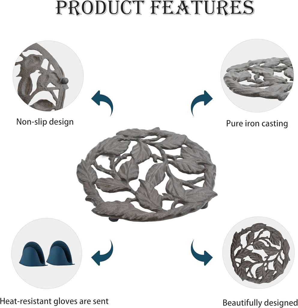 Cast Iron Trivet, 7.28 inch Metal Trivet for Hot Dishes, Heat-Resistant Decorative Trivets to Protect Dining