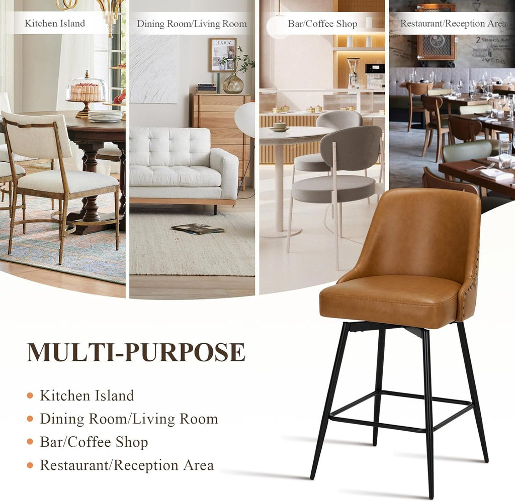 Bar Stools Set of 4, 26" Swivel Counter Height Chairs with Back,Thick Padded Seat & Footrest,Modern Faux Leather