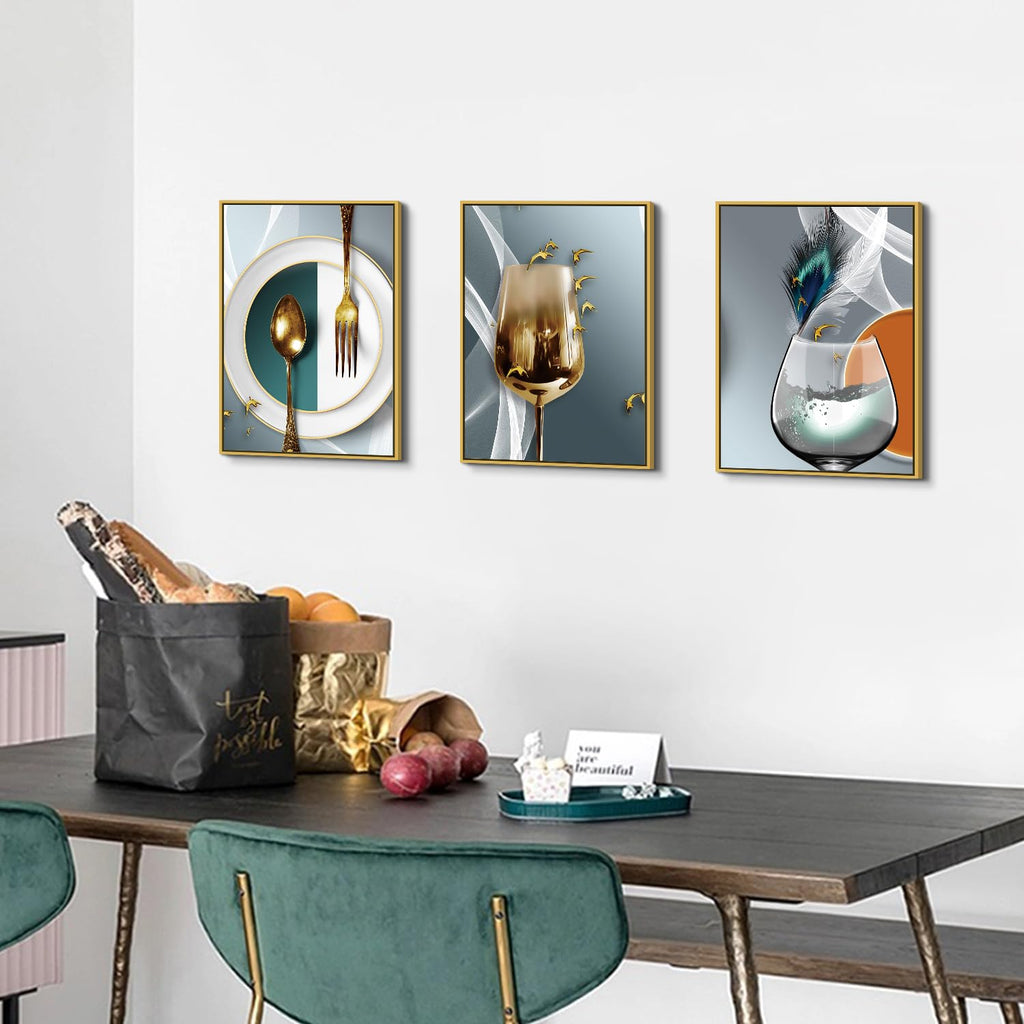 Gold Framed Dining Room Wall Art Wine Glass Pictures Wall Decor Teal Abstract Geometric Kitchenware Canvas Paintings