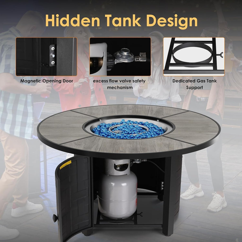 42-Inch Round Propane Fire Pit Table, 50,000 BTU, Gray | Round Gas Fire Table with Blue Fire Glass; Lid Restores