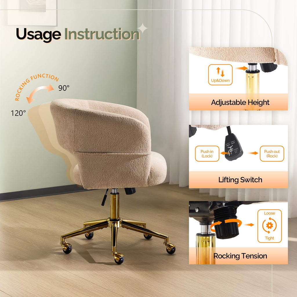 Modern Curved Office & Vanity Desk Chair, Cute Upholstered Nail Chair with Wheels & 360° Swivel & Club & Tilting &
