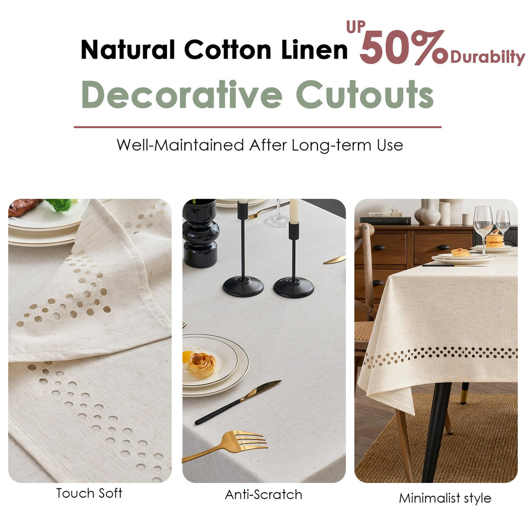 Natural Cotton Linen Rectangle Tablecloth 120x60 with Decorative Cutouts