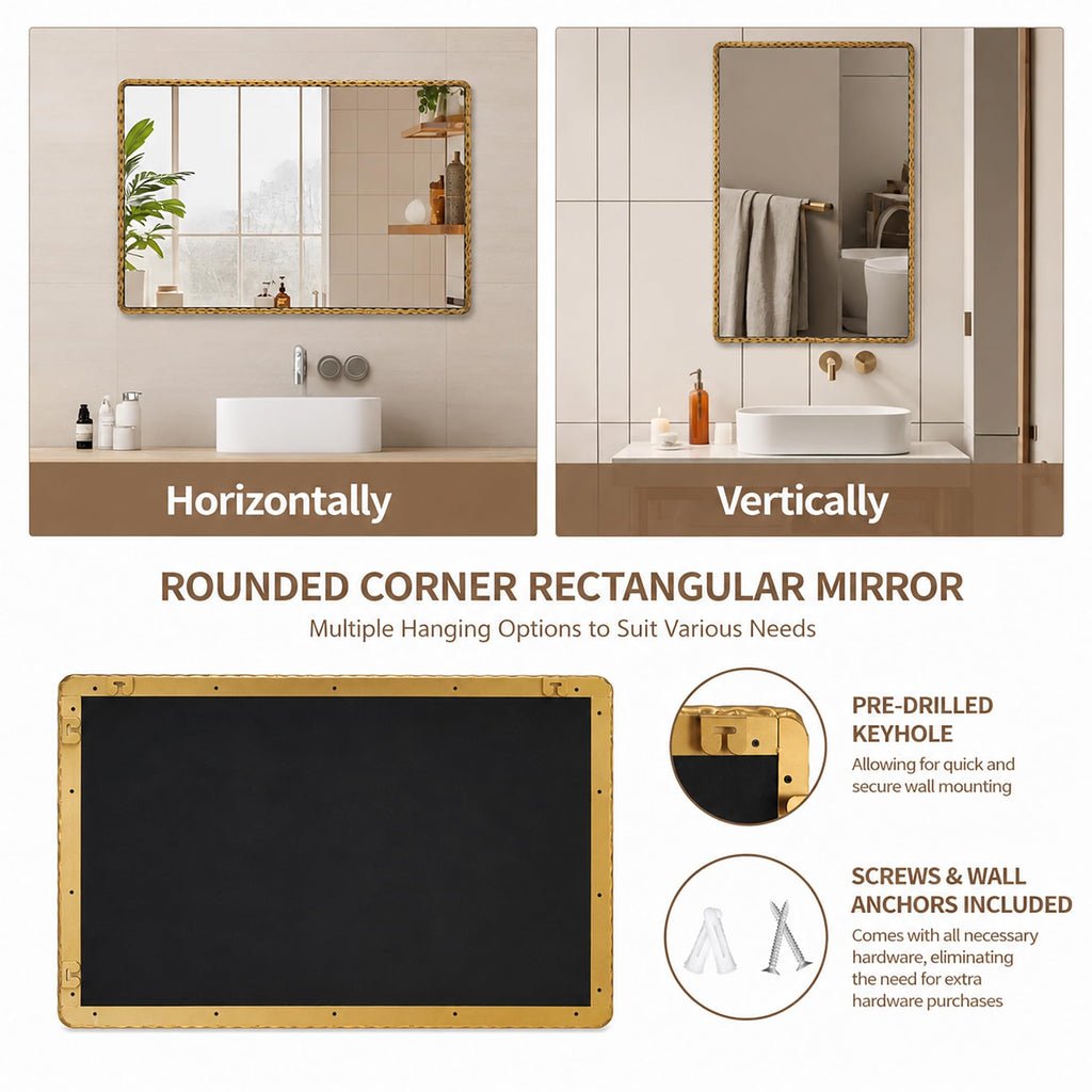 24"x36" Hammered Antique Gold Bathroom Mirror, Rounded Rectangle