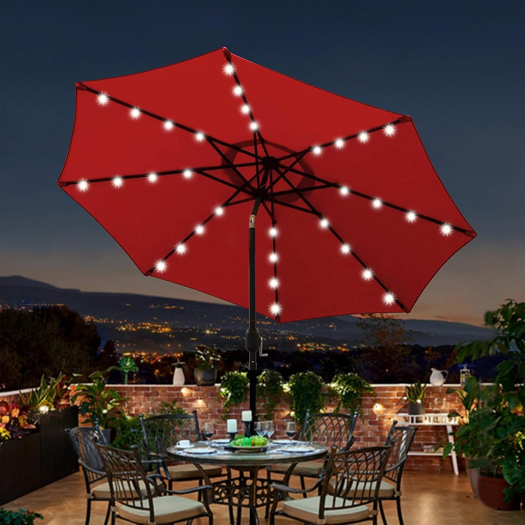 9 ft Solar Umbrella, 32 LED Lighted Patio Umbrella, Table Market Umbrella, Outdoor Umbrella Pool and Beach (Red)