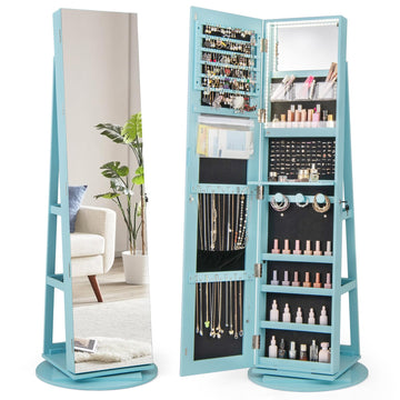 360° Rotating Jewelry Cabinet with Full-Length Mirror, Freestanding Jewelry Armoire with 3-Color LED Light and Back