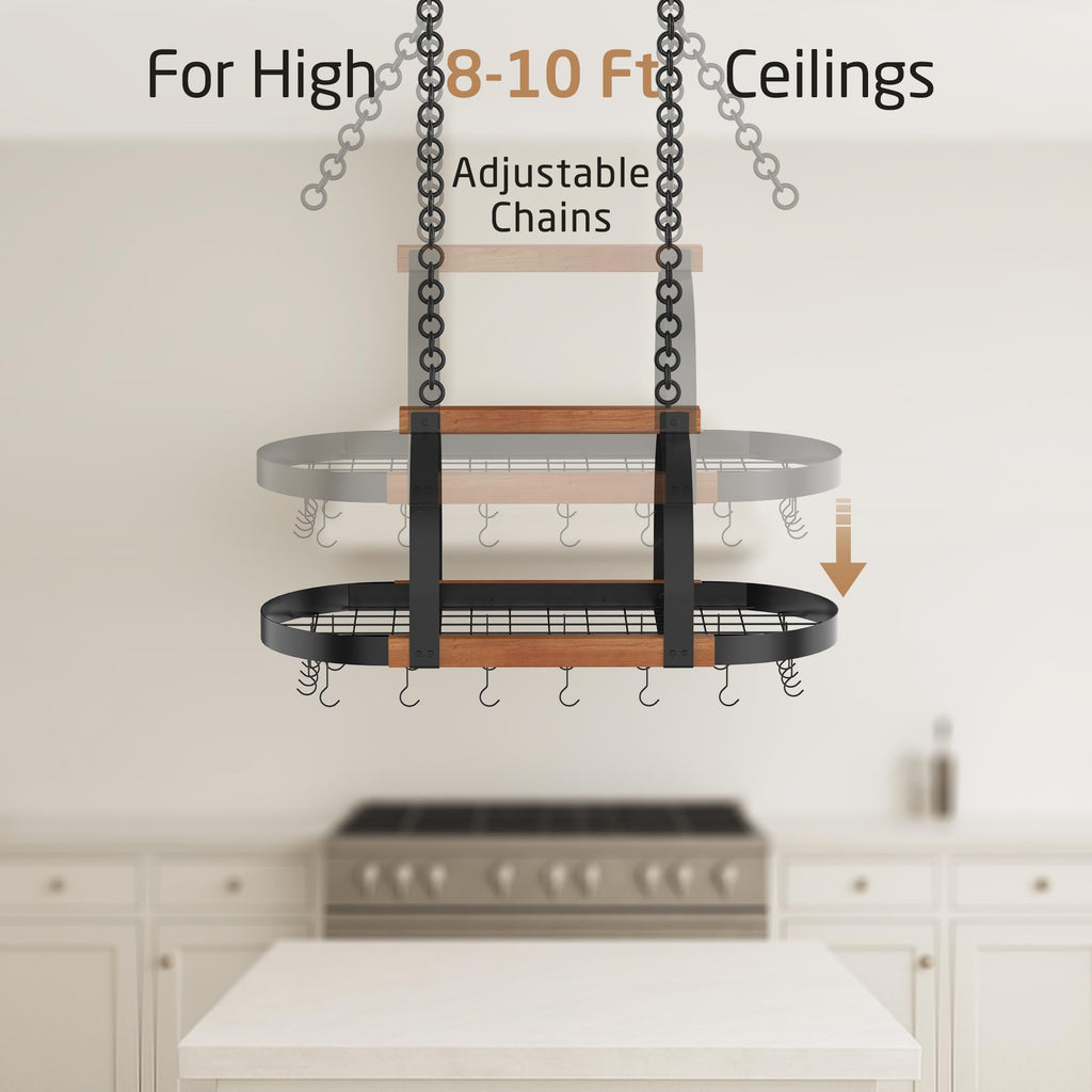 Natural Solid Wood 39 Inch Large Hanging Pot Rack, 130 LBS Capacity Heavy Duty Oval Pot and Pan Hanging Rack Ceiling