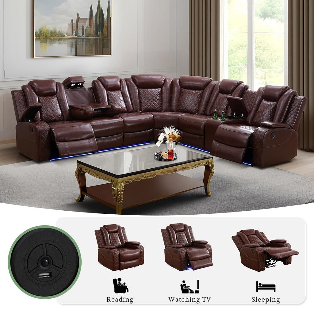 Power Reclining Sectional Sofa Set, Living Room Set Brown Sectional Leather Sofa Living Room Furniture Sets with 2