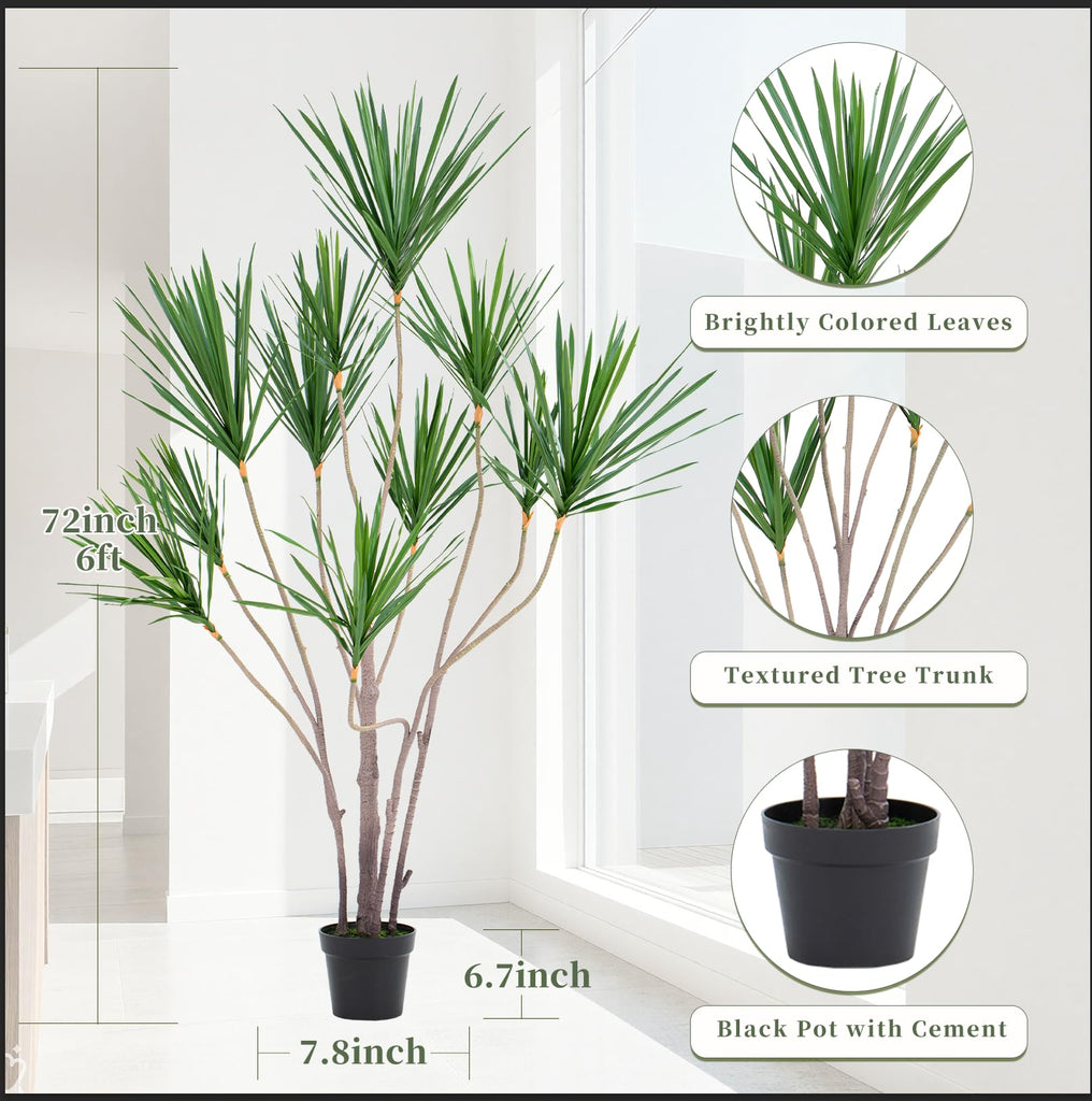 6ft Artificial Dracaena Marginata Tree with 315 Lifelike Leaves & 11 Heads, Tall Large Faux Tropical Yucca Plant Fake