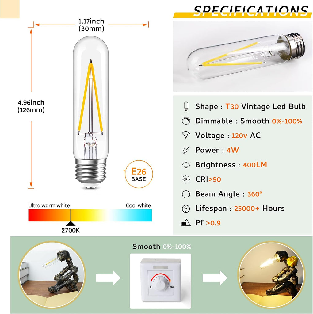 4W Vintage LED Bulb Dimmable Warm White 2700K, E26 T10 Edison Bulb, 400LM