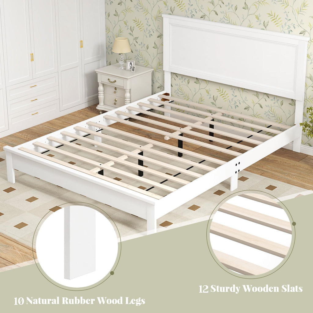 Wood Queen Platform Bed Frame with Headboard, Mid Century Bed Frame with Solid Wood Legs & Wooden Slat Support, No