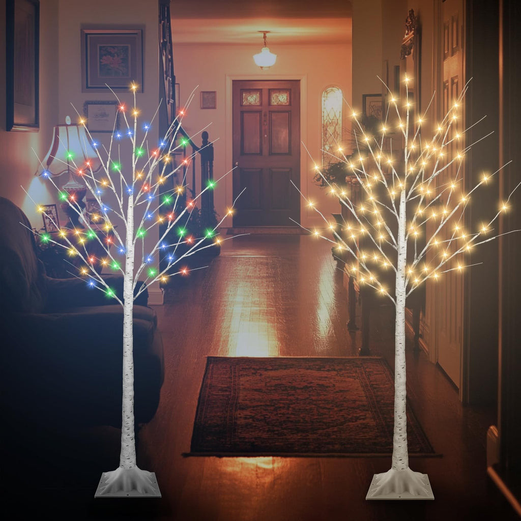 5FT Lighted Birch Tree with 90 LED Warm White and Multicolor Lights, 8 Modes, Timer Remote Faux Prelit Twig Christmas