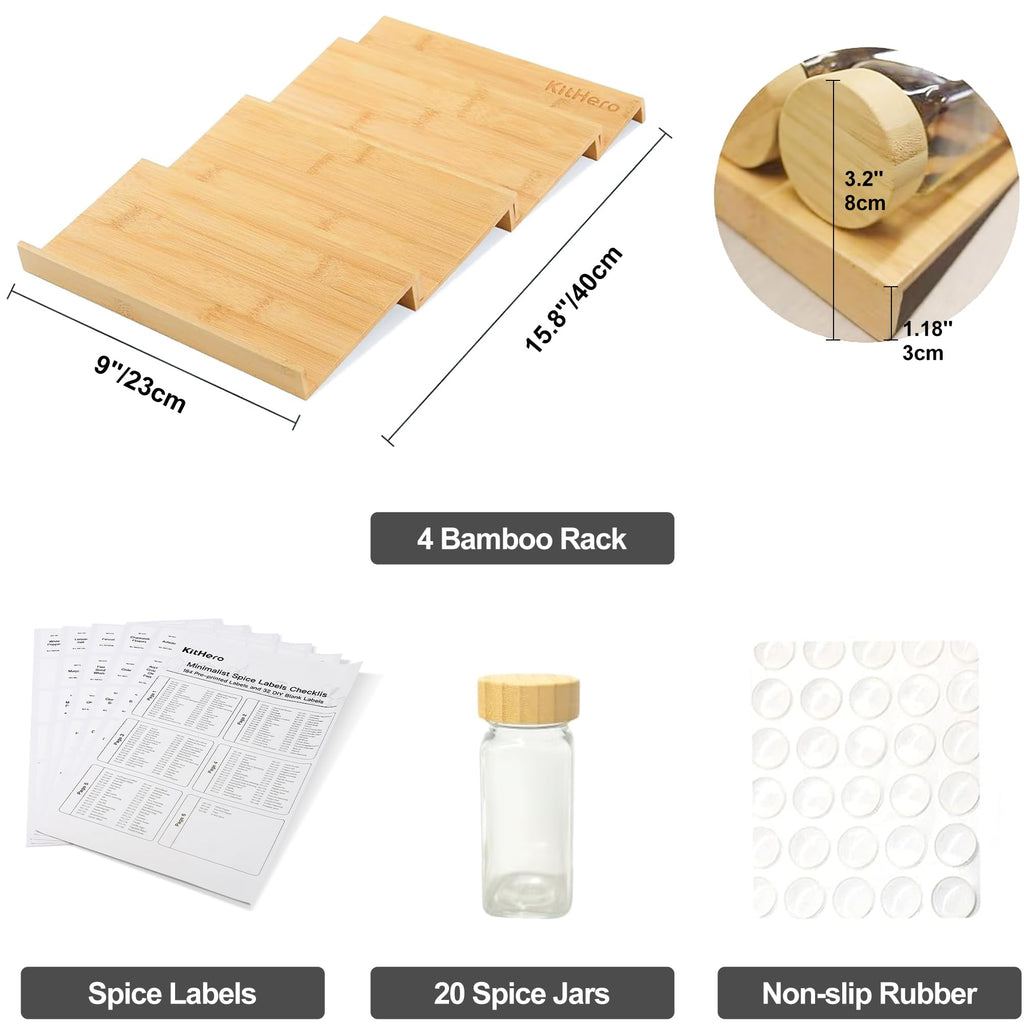 Spice Drawer Organizer with 20 Bamboo-lidded Spice Jars,216 Labels,25 Non-slip Rubber, Bamboo 4 Tier Seasoning Rack