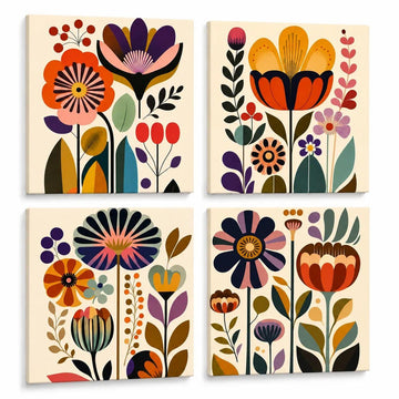 Mid Century Modern Floral Wall Art Set of 4, 12 x 12 Inch