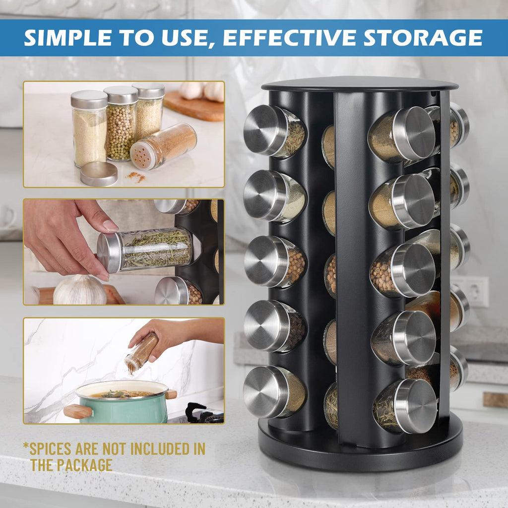 Black Countertop Revolving Spice Rack, Empty 20-Jars Rotating Spice Rack Organizer, Round Carousel Tower, 135 Spice