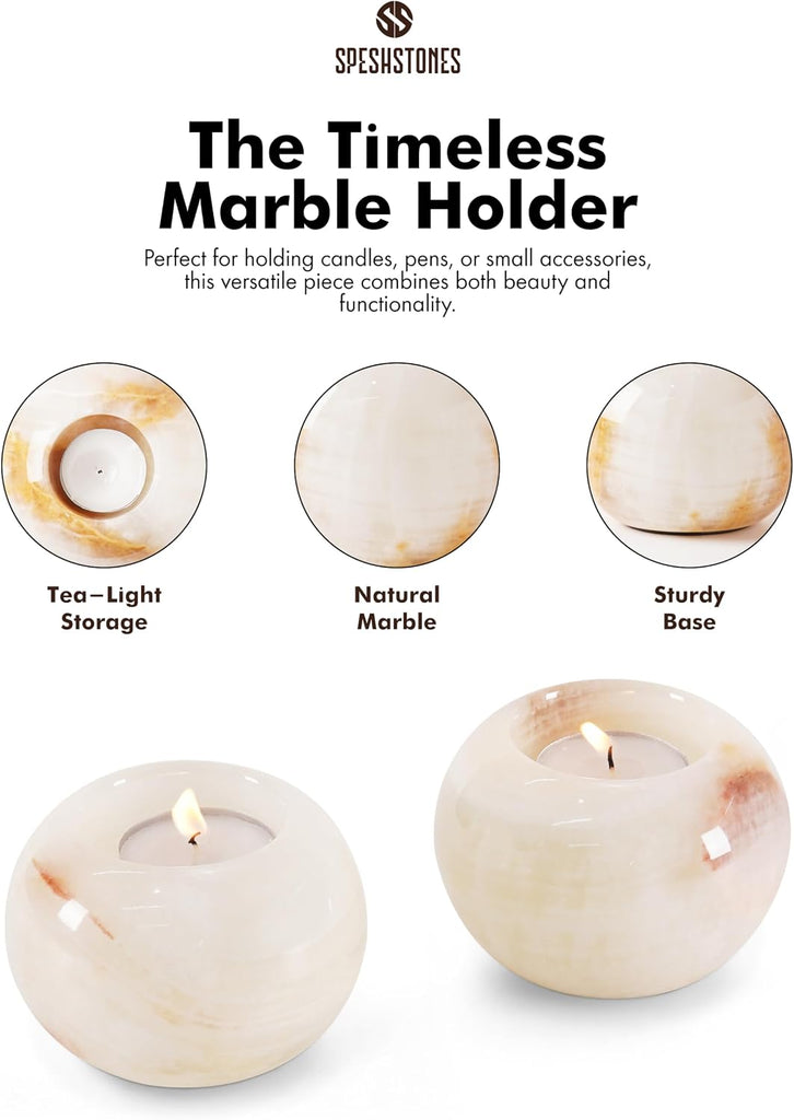 Marble Tea Light & Votive Candle Holders 4 Inch, Cream Onyx | Set of 2, handmade. Fits standard tealights. Dining