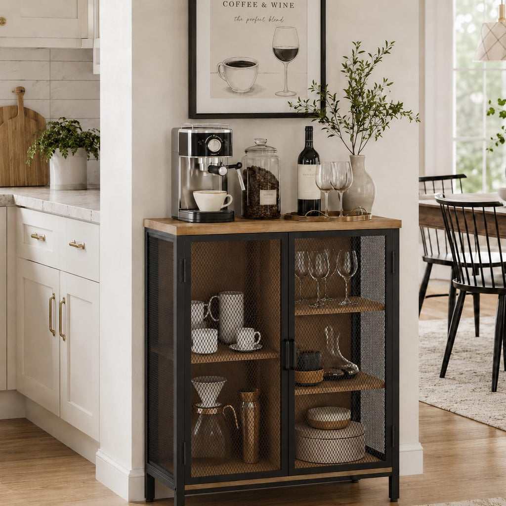 Coffee Bar Cabinet with Storage Kitchen, Rustic Liquor Cabinet, Small Industrial Buffet Sideboard Cabinets (Vintage