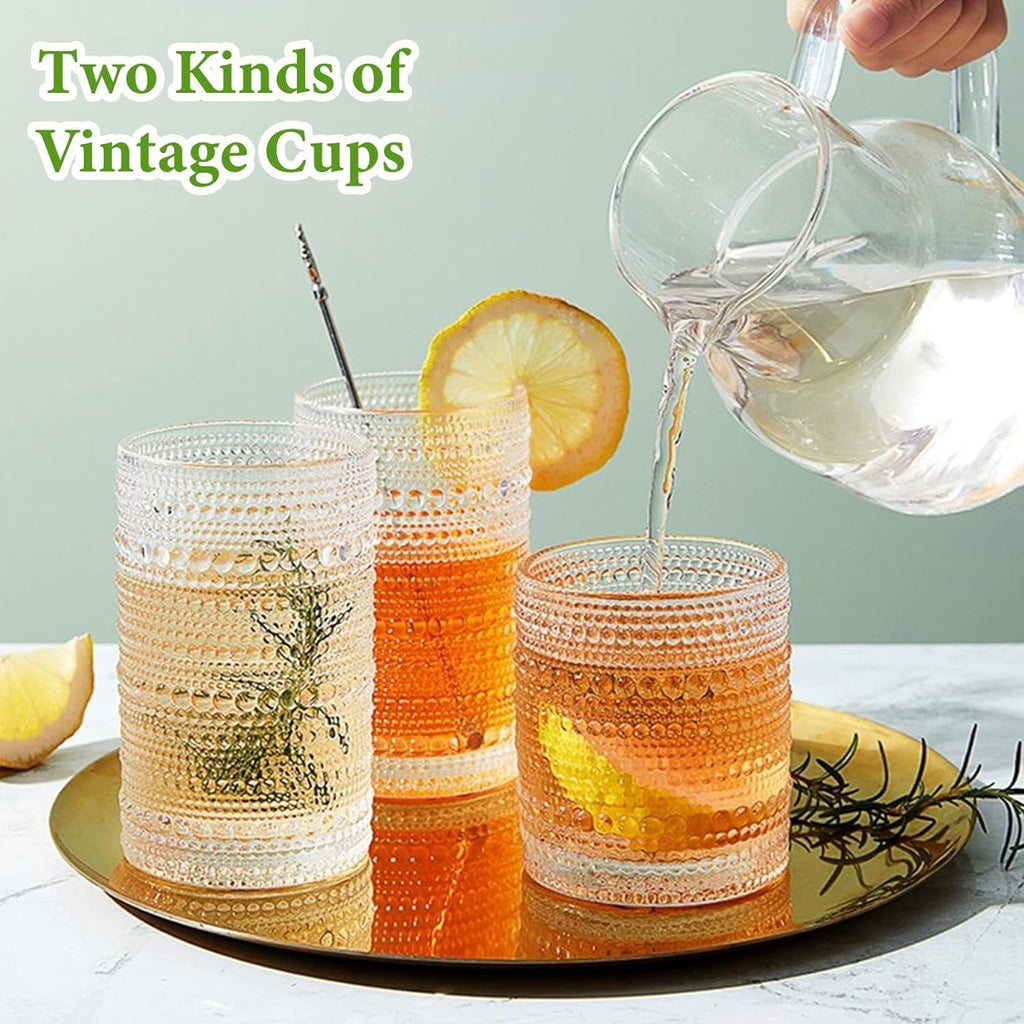 Vintage Hobnail Drinking Glasses Set of 8, 12 oz Highball Glasses & 10 oz Cocktail Glasses Set, Kitchen Water Glasses