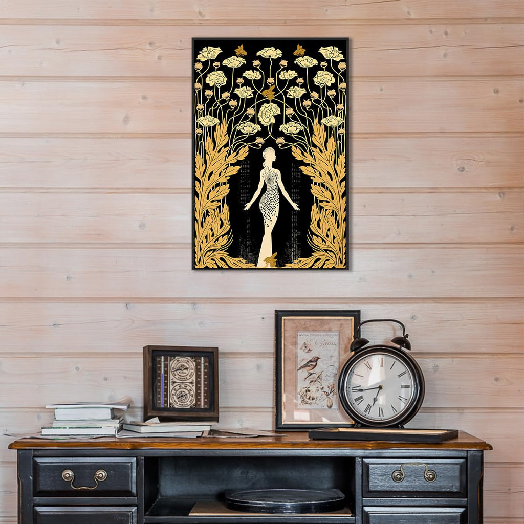 Art Nouveau Goddess Demeter Painting, Black and Gold Print Canvas Art, Bohemian Greek Goddess Poster, Boho Flower and