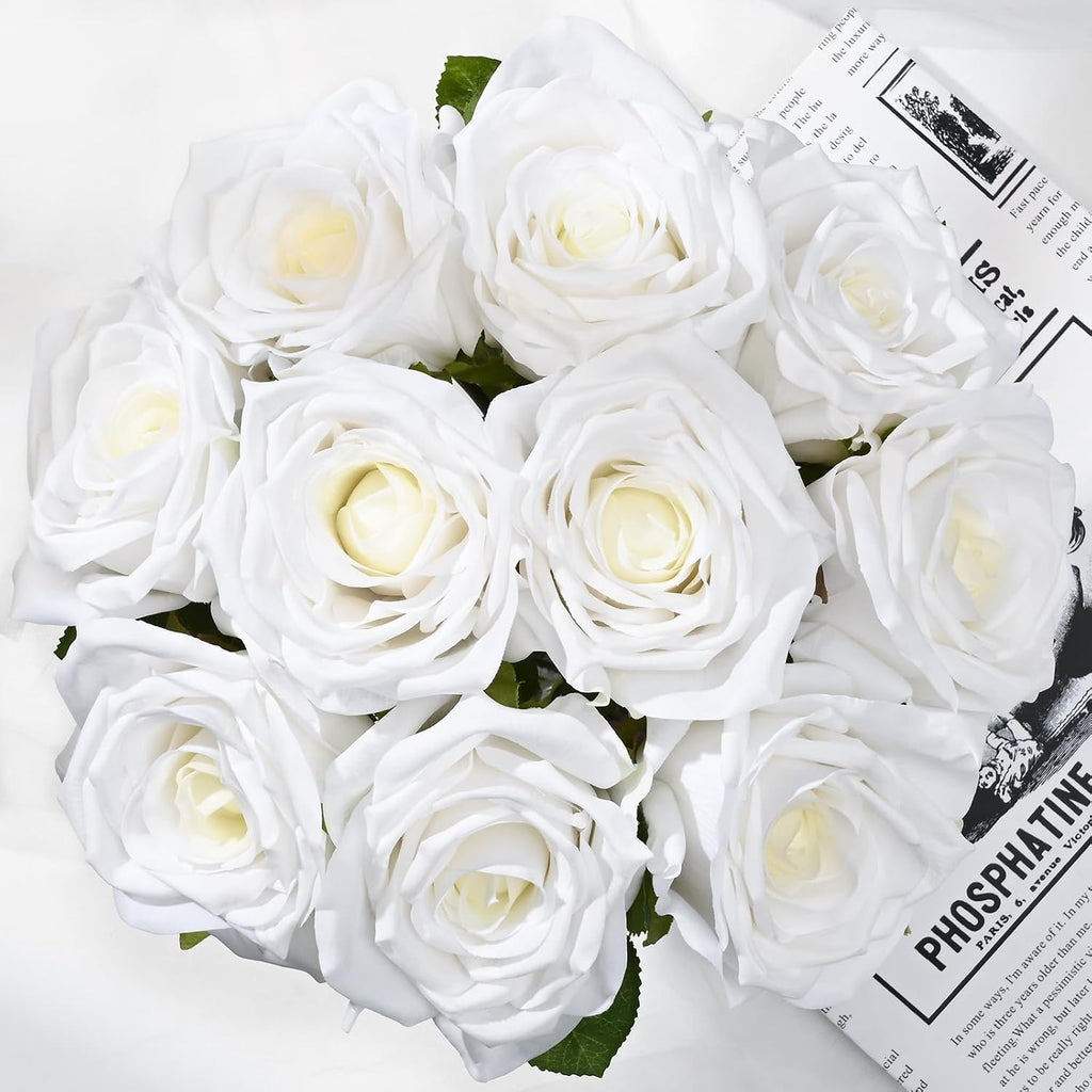 Luxury PU Fake Flowers in Vase with Faux Water, White Real Touch Roses Artificial Flowers with Glass Vase Home Dining