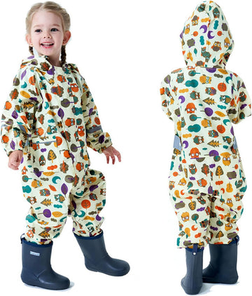 Kids Toddler Rain Suit for Boys Girls One Piece Hoodie Zipper Cartoon Waterproof Coverall Rain Jacket