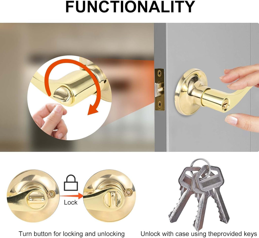 2 Pack Door Lever with Lock and Key, Gold Door Handle
