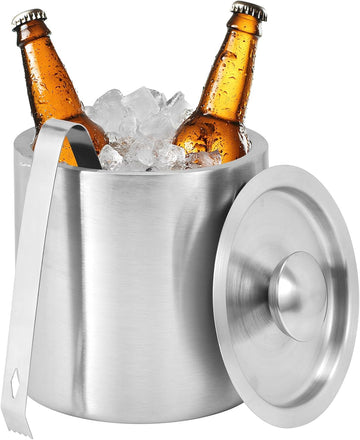 1.3L Stainless Steel Ice Bucket with Lid and Tongs, Small Double Wall Ice Pail Chill Container for Cocktails, Beer