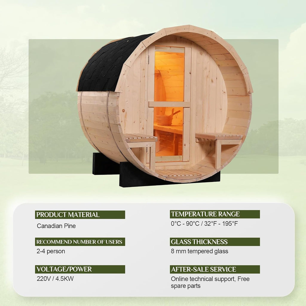 Outdoor Barrel Steam Sauna, 2-4 Person Canadian Pine Wood Saunas with Porch, Traditional Finnish Sauna Spa Room with
