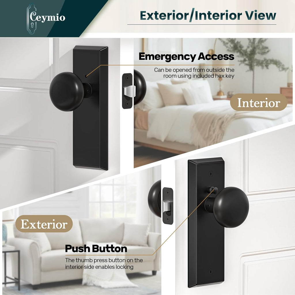 Matte Black Privacy Door Knob with Lock - Bedroom & Bathroom Door Handle Set, Antique Brass Finish Vintage Design