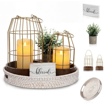 Modern Rustic Farmhouse Lantern Decor Set of 5, Large, Gold, Burlywood