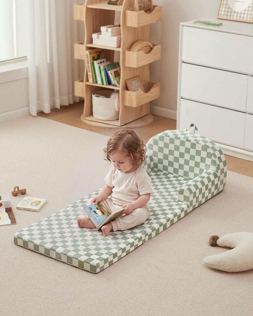 Foldable Kids Couch, in-1 Kids Sofa Chair, Sage Checkered