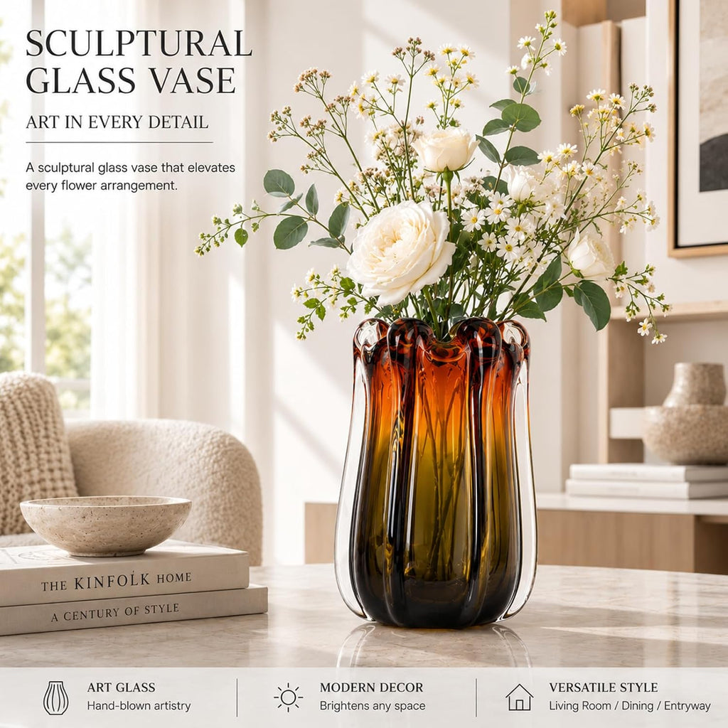 Amber Glass Vase for Flowers, Decorative Murano Art Glass, Wide Mouth Designer Glass Vase Decor, Blown Glass