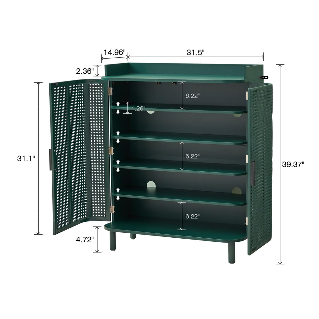 Shoe Cabinet, 5 Tier Boho Wooden Shoe Storage Organizer Cabinet with Adjustable Shelves, Shoes Rack with Iron Rattan