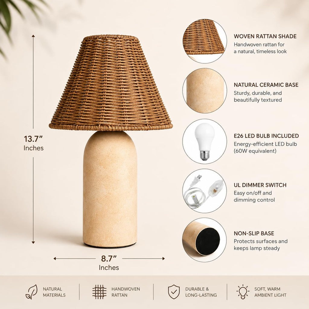 14" Small Mini Wicker Table Lamp - Handmade Ceramic Base with Rattan Shade, Dimmable Nightstand or Accent Light for