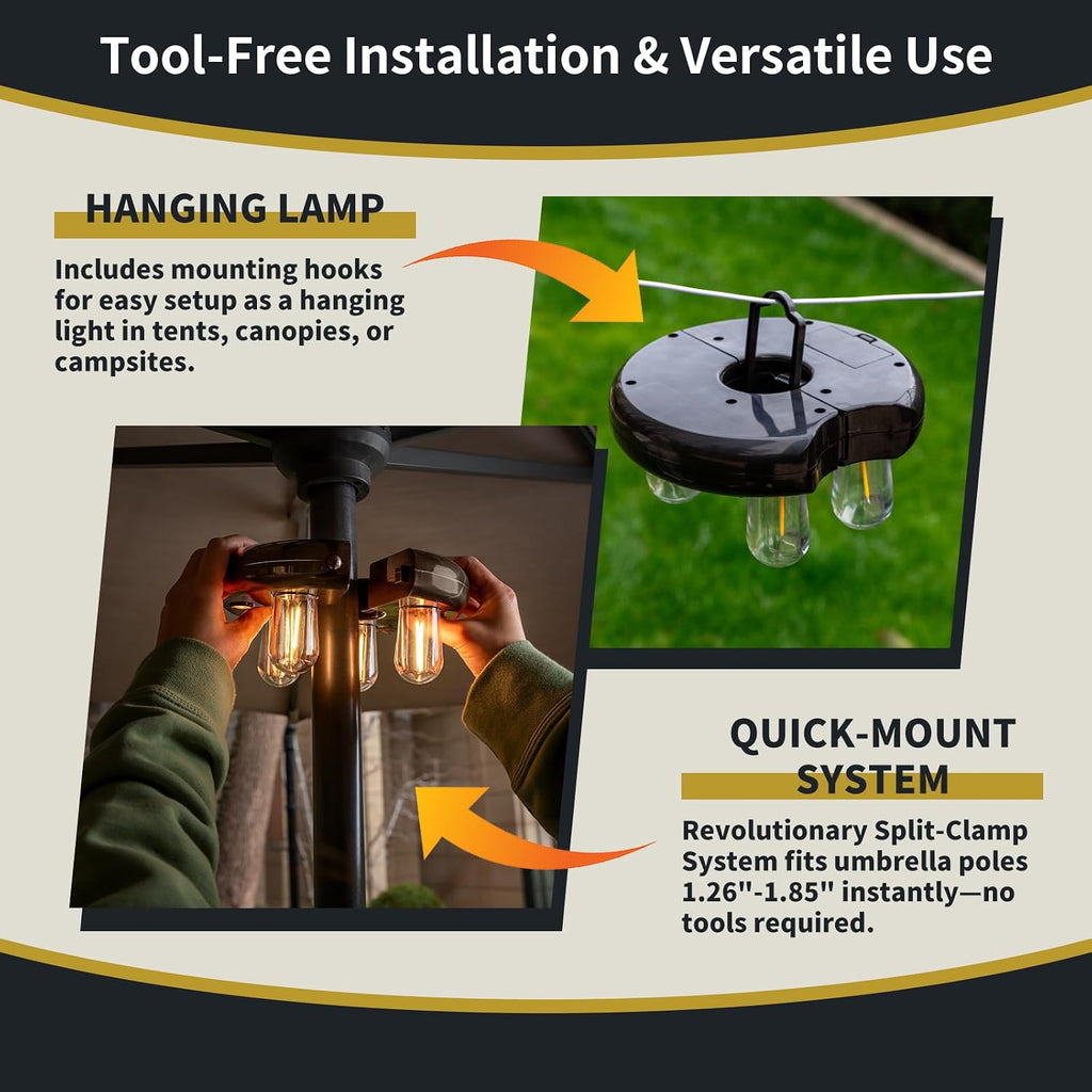 Patio Umbrella Light with Remote Control, Rechargeable Cordless LED Edison Bulbs Pole Light with 10 Brightness Levels -