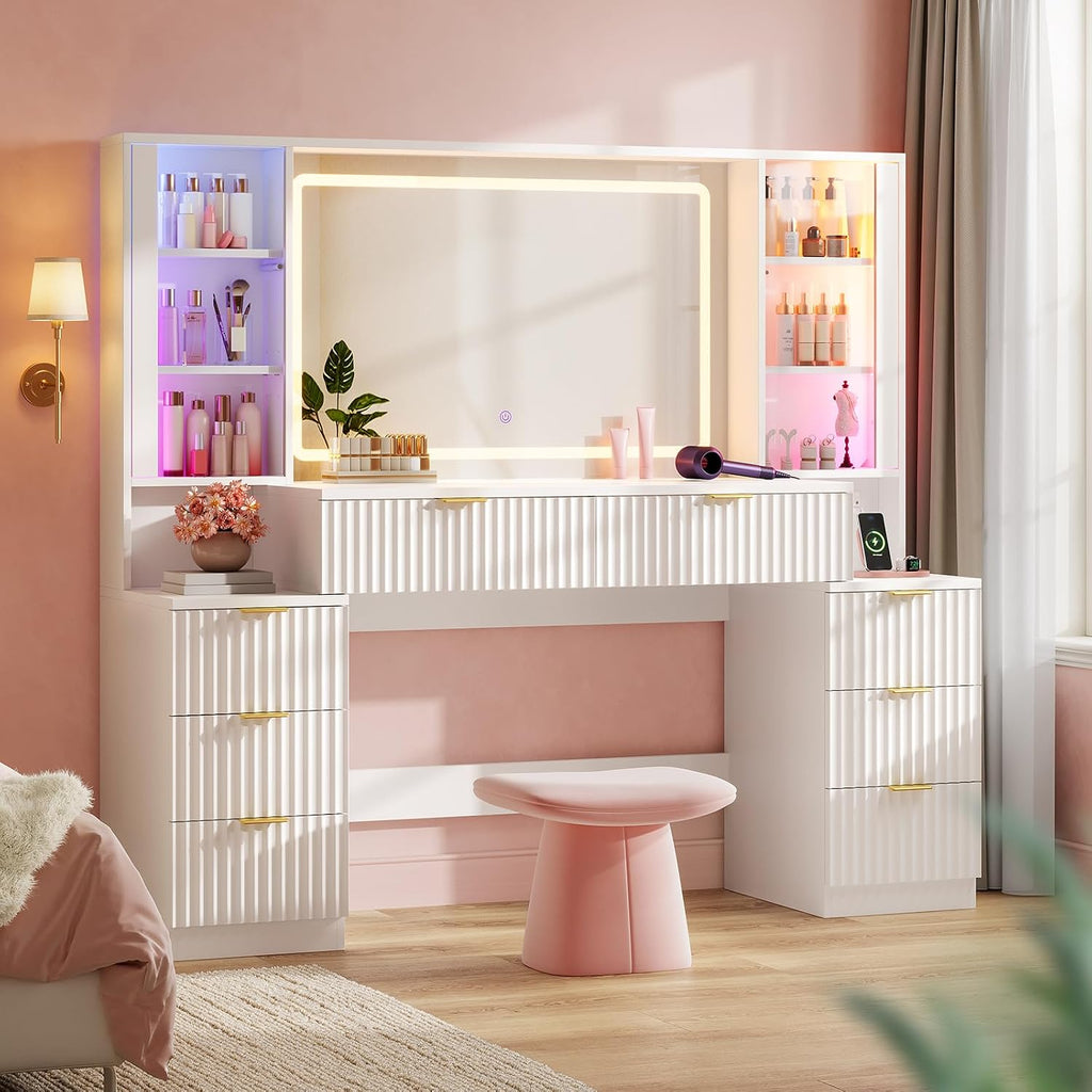 Big Vanity Desk, Fluted Makeup Vanity with Mirror Lights, Dressing Table | Large, Charging Station, Sound Sync