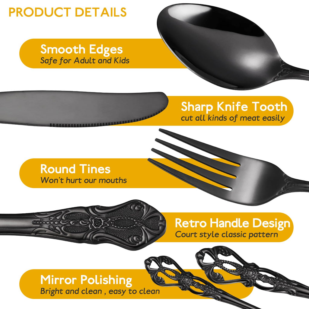Gorgeous Retro Royal Black Silverware Set For 8, 40 Pieces Flatware Service 8, Stainless Steel Anti-rust Dark Fine