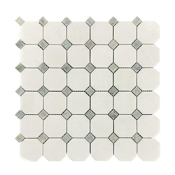 White Marble Octagon Mosaic Tile with Green Dot - 12x12 Polished Natural Stone Mosaic for Wall & Floor, Bathroom