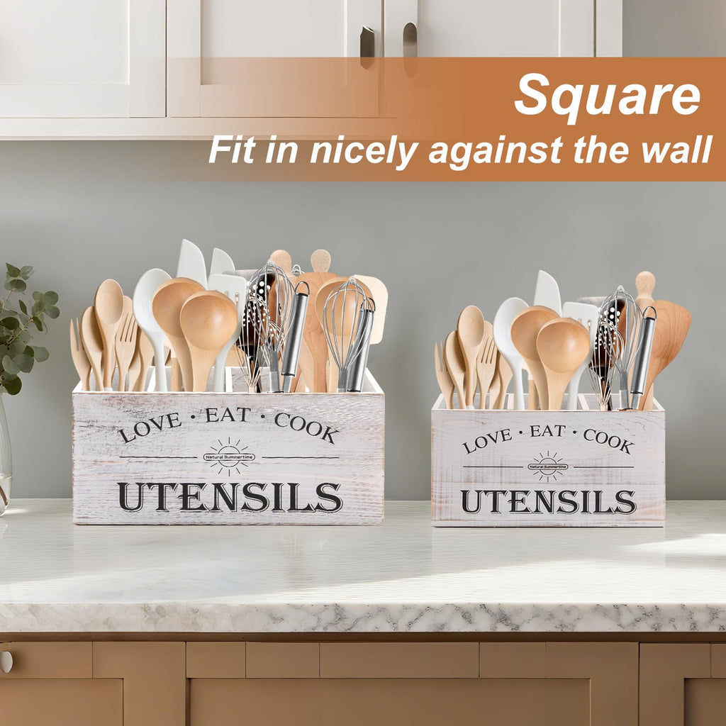 2 PC Wooden Utensil Holder,(With 4-Compartments size*1 + 3-Compartments size*1) Extra Large Kitchen Counter,Cooking