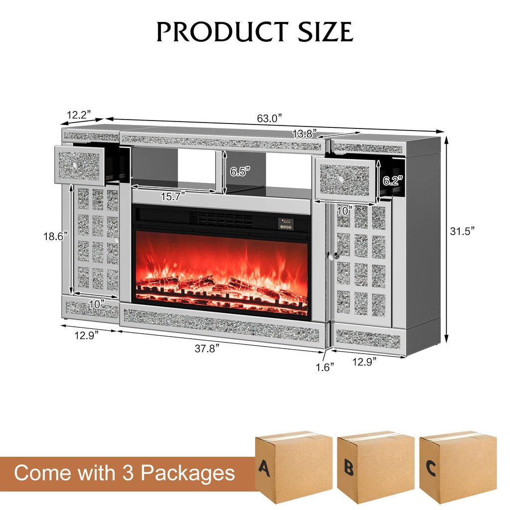 Mirrored Fireplace TV Stand with LED, Drawers, Cabinets & Shelves