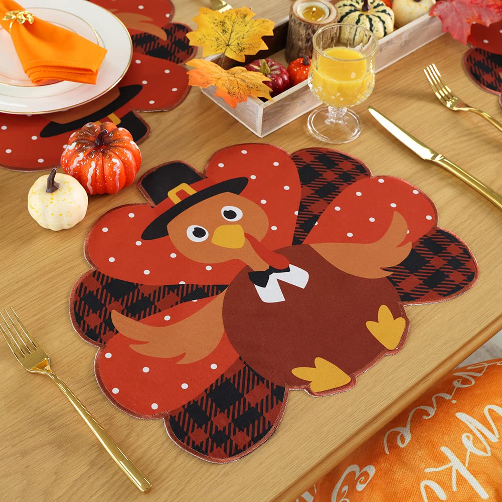 Thanksgiving Placemats Set of 4 - Fall Placemats for Dining Table Orange Brown Plaid, Harvest Turkey Placemats for