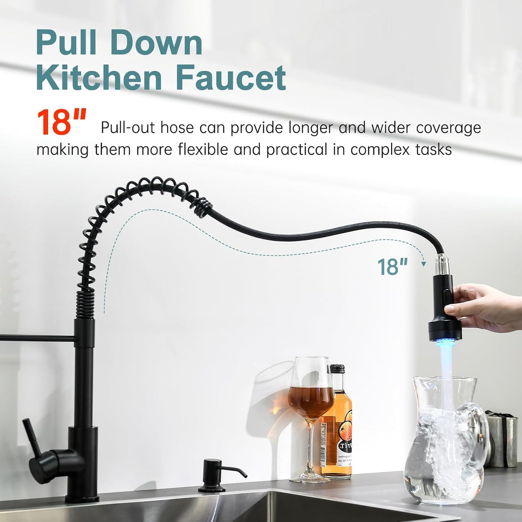 Led Black Kitchen Faucet with Soap Dispenser | Pull Down Sprayer, Single Hole Sink Faucet Suitable for Farmhouses