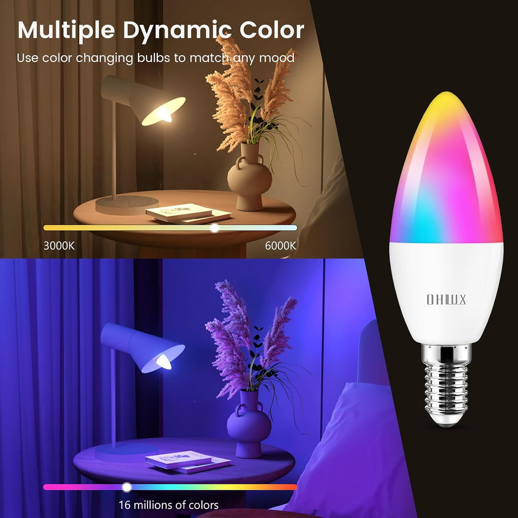 6 Pack E12 Smart Candelabra LED Light Bulbs, Color Changing Compatible with Google Alexa and Smart Life, 5W 40W
