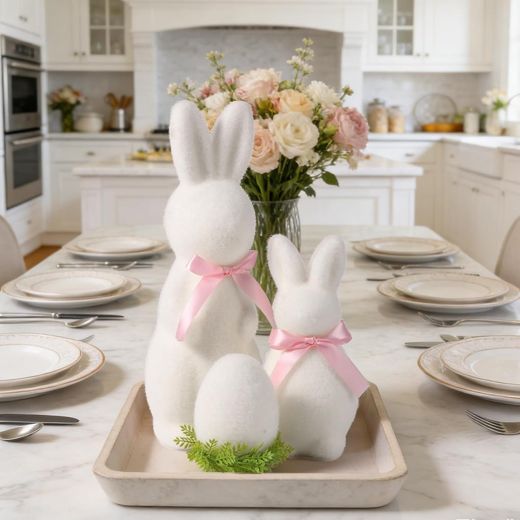 Easter Bunny Decor Set, 3 Pack Pastel Flocked Bow-Tied Bunny Set (13", 8", 4") Bunny Figurines for Spring Home Decor - Set of 3
