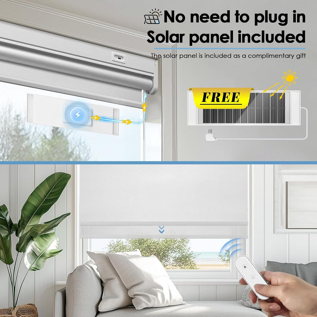 Smart Motorized Blackout Roller Blinds with Remote & Solar Panel, Cordless Electric Shades, USB-C Rechargeable