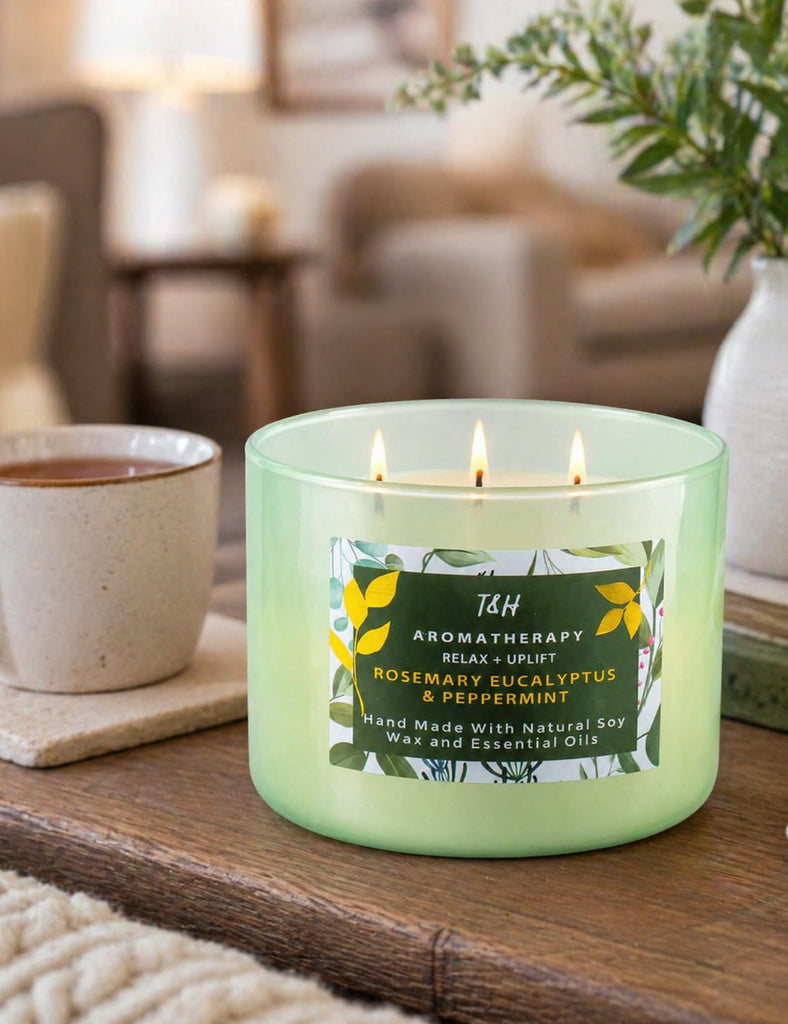 Rosemary Eucalyptus Peppermint Scented Candle, 3 Wick Soy Candle, 15.8 Oz