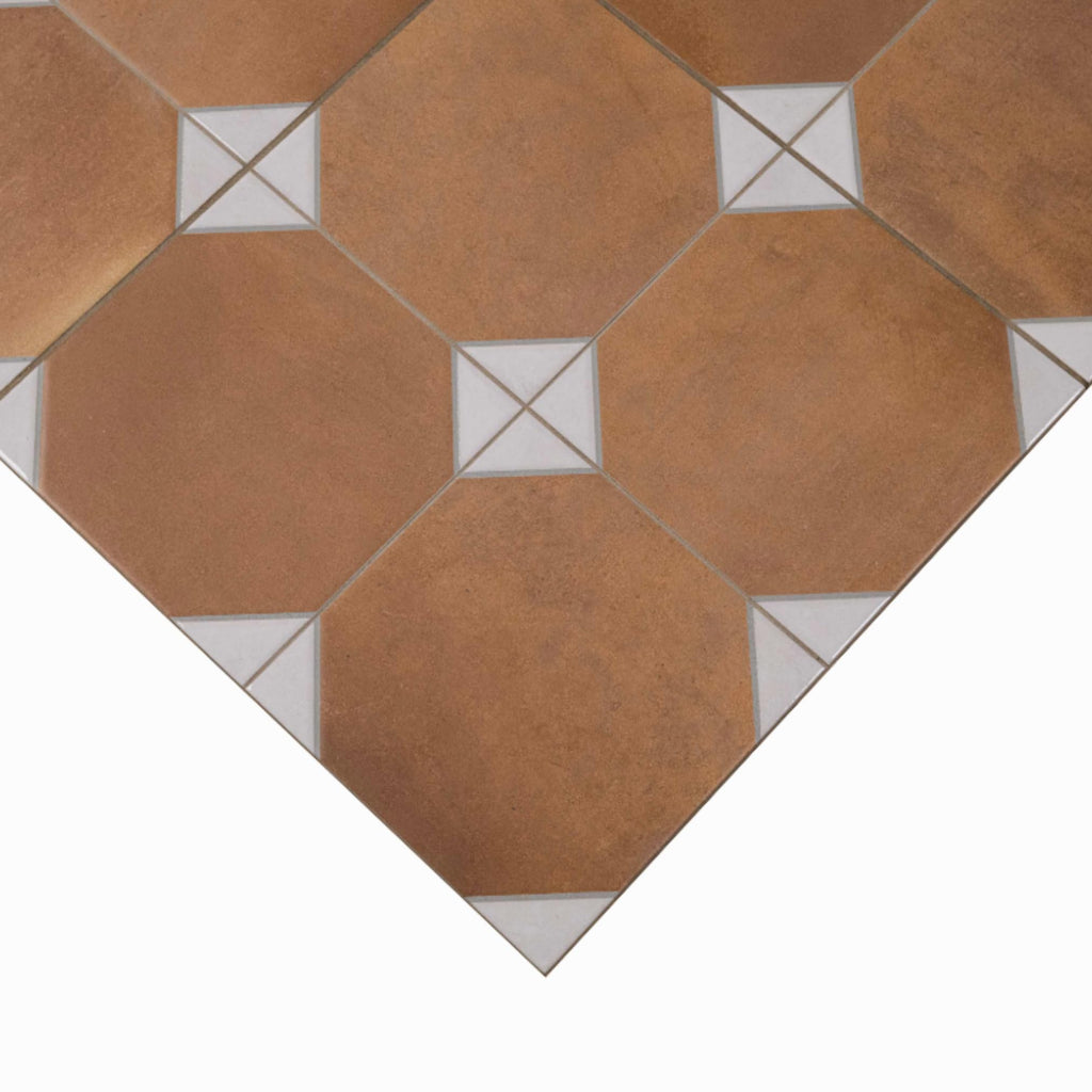 Terracotta Cotto & White Geometric Porcelain Floor and Wall Tile 13" x 13", Matte Vintage Pattern Decorative Tile