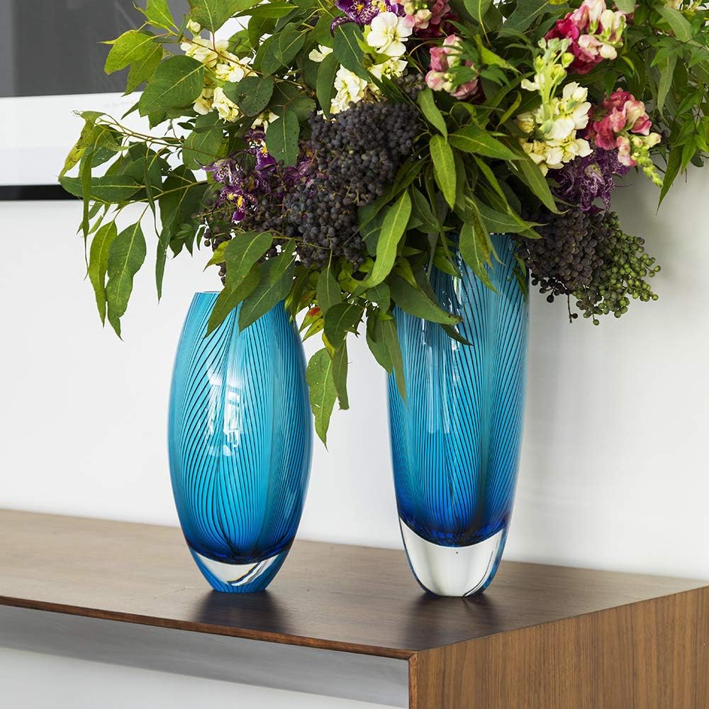 Murano Style Glass Vase Hand Blown Blue Feather Pattern Effect Home Decor | Hand Blown Glass Vase, Decorative Table