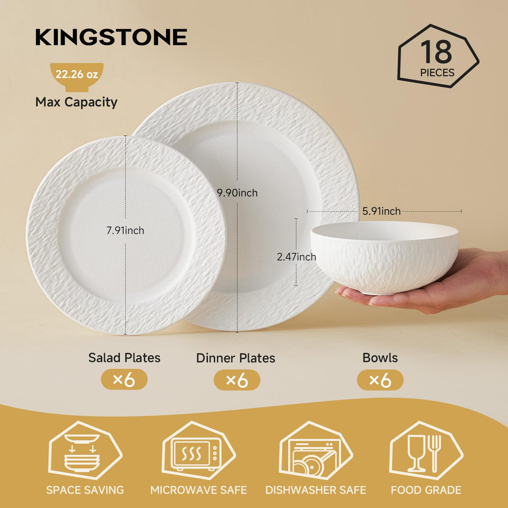 Dinnerware Sets for 6, 18-Piece plates and bowls sets, Matte Marble