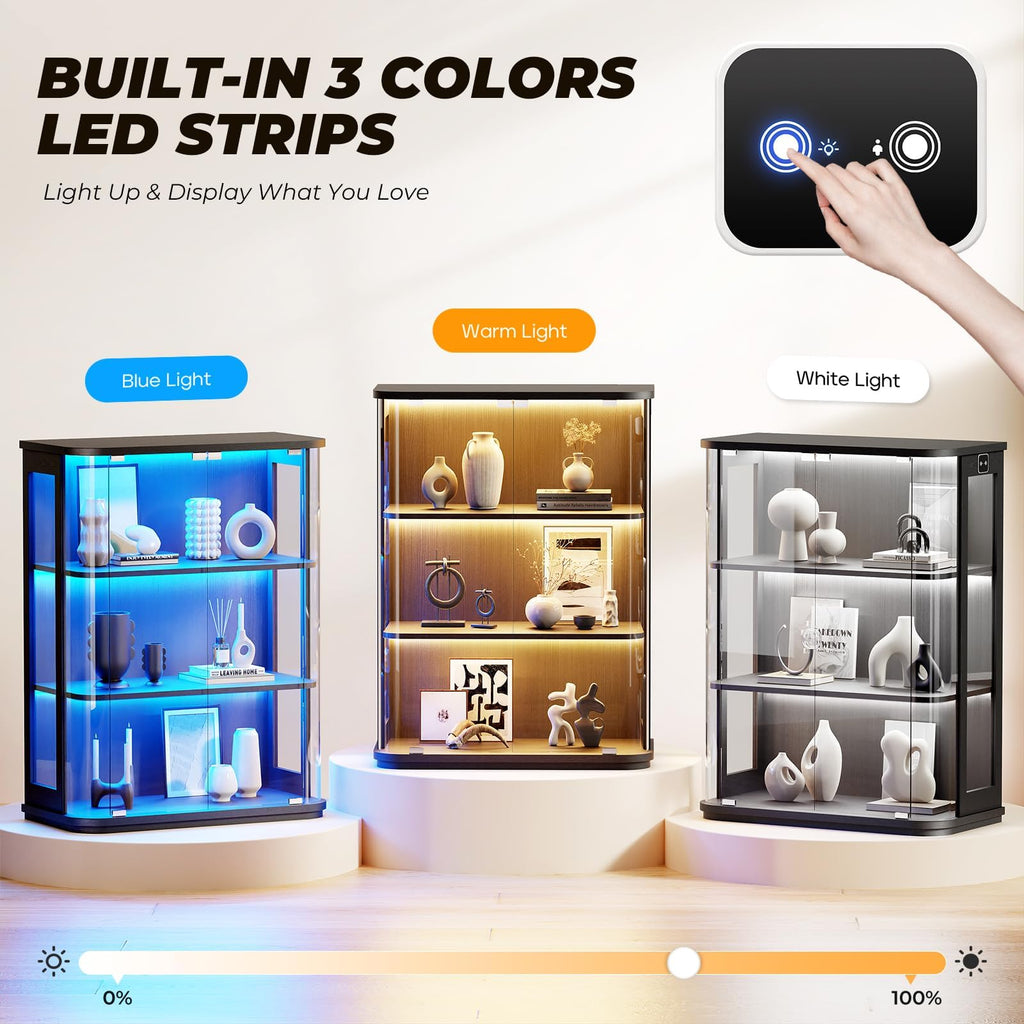 3-Tier Rounded Display Cabinet with Lights&Human Body Sensor Black